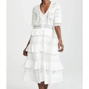 LoveShackFancy Rebecca Cotton Eyelet Midi Dress - Antique White, XS